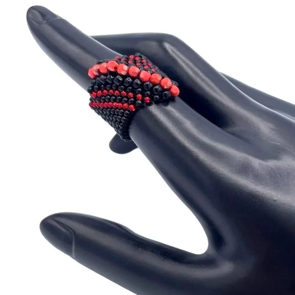 Black with Red Crystal Cellini Spiral Statement Ring Size 7